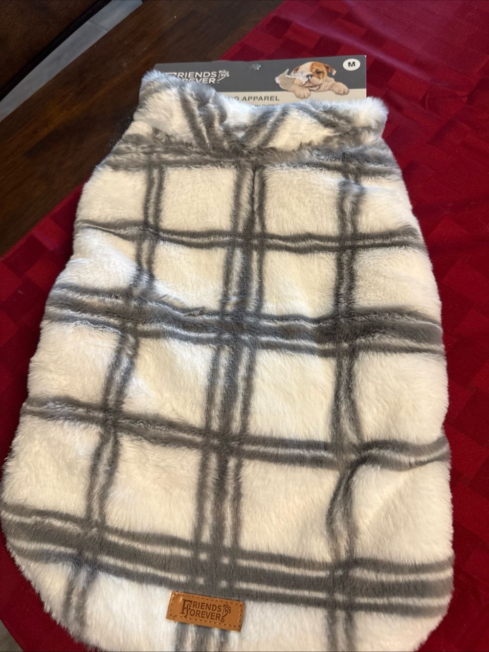White & Gray Plaid Faux-Fur dog coat